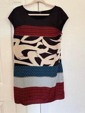 Express Shift Dress Modern Art Multi Print Faux Silk Lined Cap Sleeve M